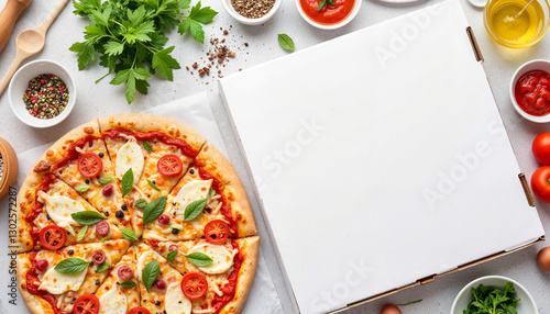 Delicious pizza with toppings on a kitchen countertop, mockup