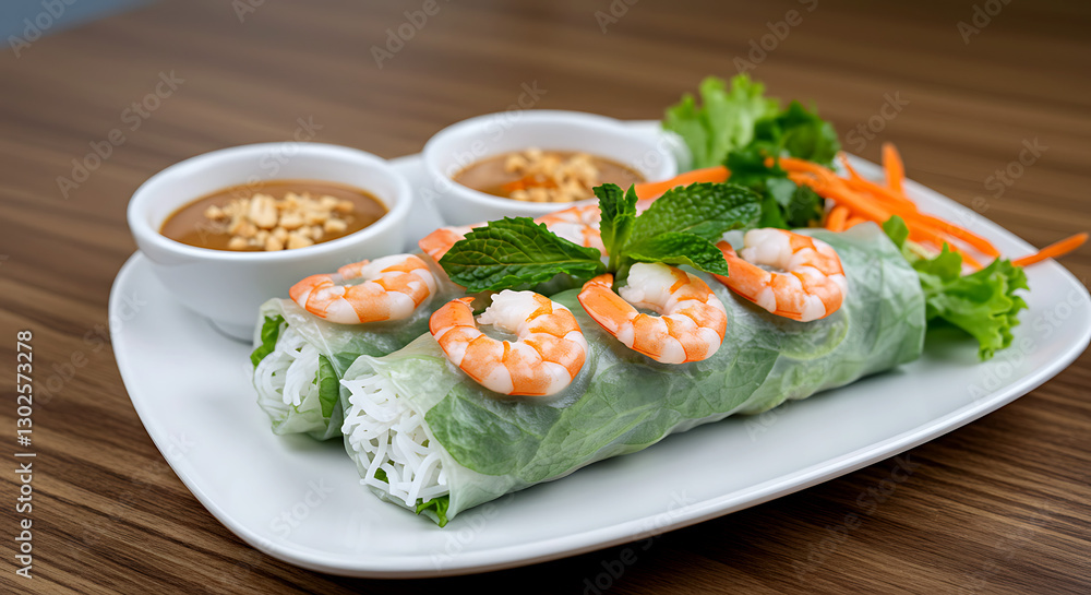 Vietnamese fresh spring roll with shrimp, rice noodles, lettuce, and mint Vietnamese fresh spring roll with shrimp, rice noodles, lettuce, and mint