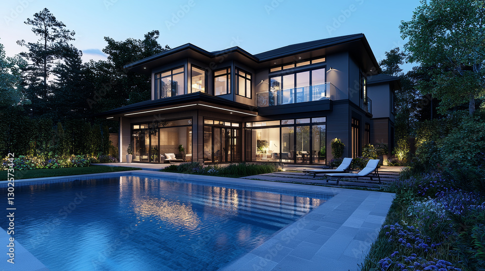 Fototapeta premium modern eco friendly smart home with pool, powered by renewable energy