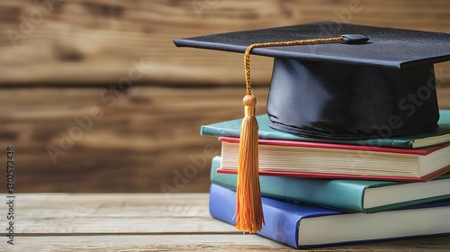 Graduation Cap on Stack of Books Against Wooden Background