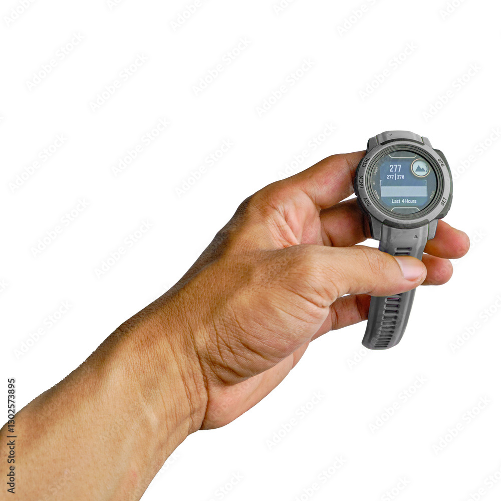 Hand Holding a Modern Fitness Tracker Watch With Health Data Display Hand Holding a Modern Fitness Tracker Watch With Health Data Display