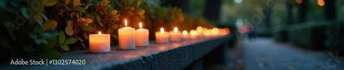 Candles burn softly on a stone memorial bench, quiet reflection, reverence
