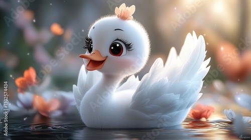 Fototapeta Naklejka Na Ścianę i Meble -  Whimsical swan gliding through an enchanting floral pond in a magical landscape during a serene twilight hour