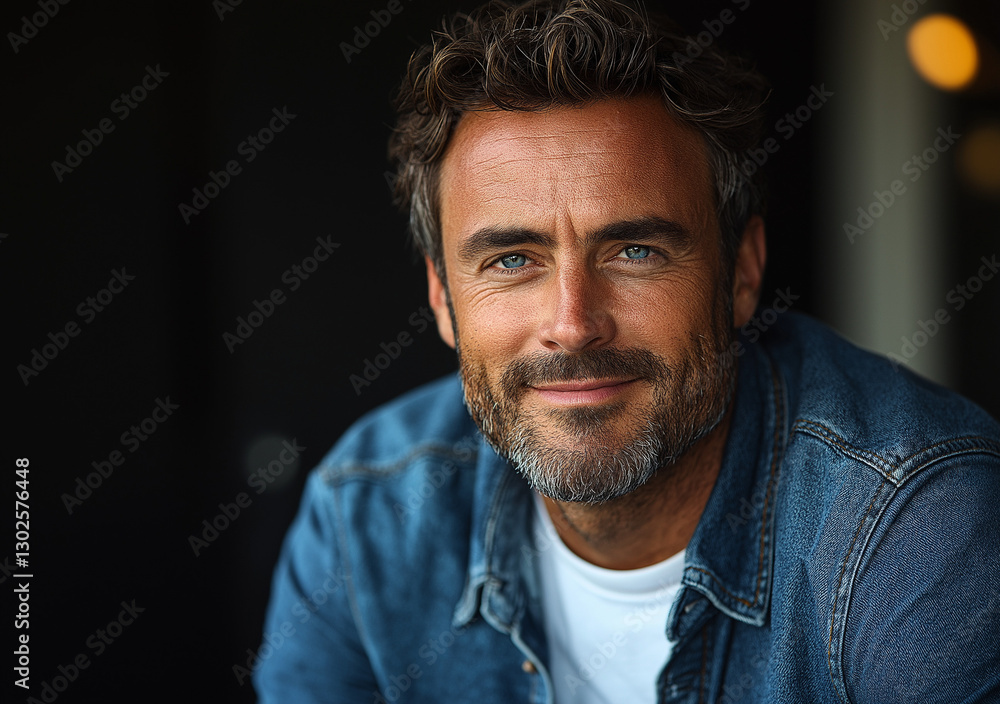 Obraz premium Smiling Man in Denim Shirt – Cinematic-Style Portrait Photography with Black Background, High-Quality Studio Shot, Professional Lighting, Perfect for Branding and Marketing Use