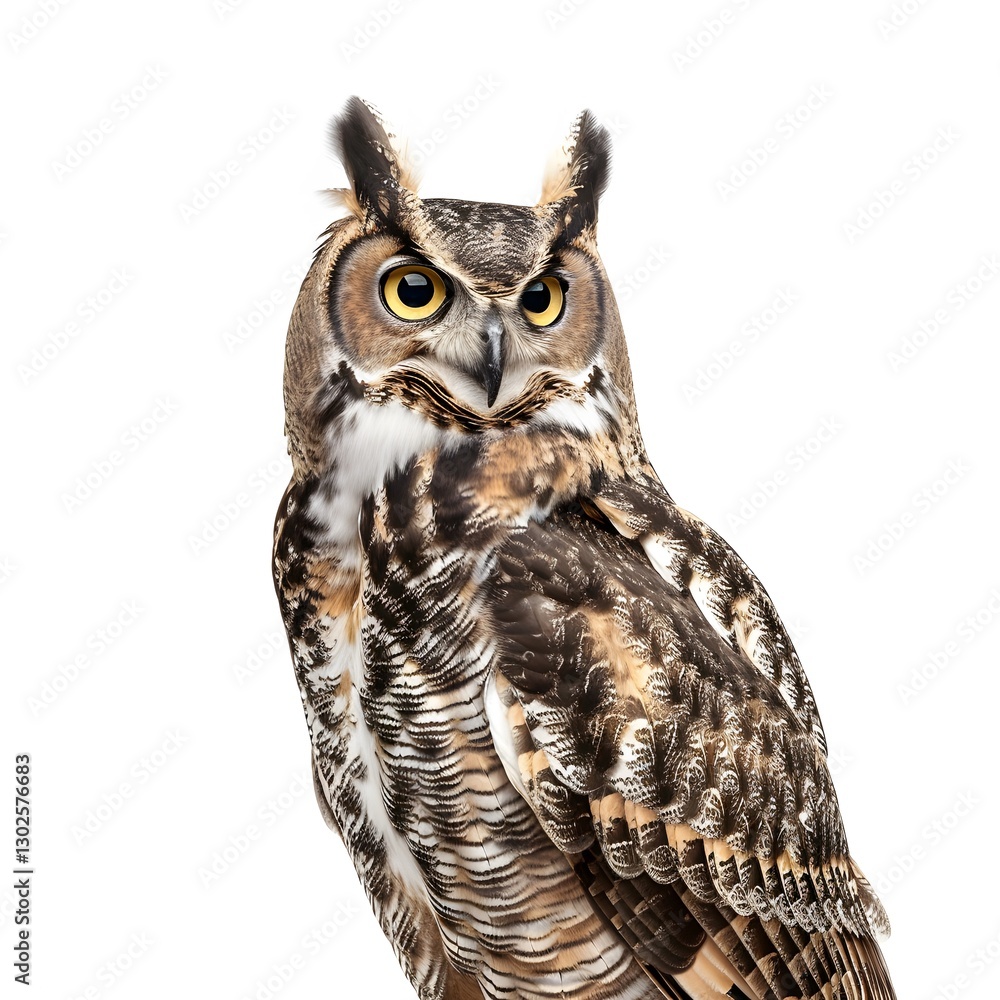 Naklejka premium Striking Close-Up of a Majestic Great Horned Owl in Natural Habitat