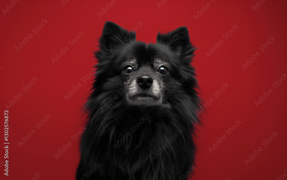 Obraz premium Pomeranian dog on minimalistic colorful background with Copy Space. Perfect for banners, veterinary ads, pet food promotions, and minimalist designs.