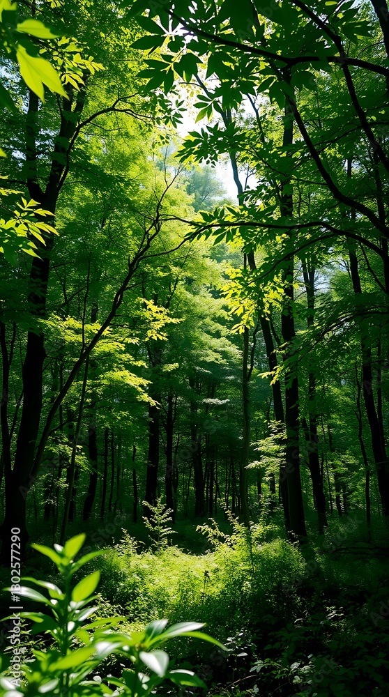 Fototapeta premium Photorealistic Wallpaper Of A Lush Forest Scene, Dappled Sunlight Filtering Through Leaves, A Natural Style, Slightly Low Angle Framing, Emphasis On Texture And Depth Of Field.