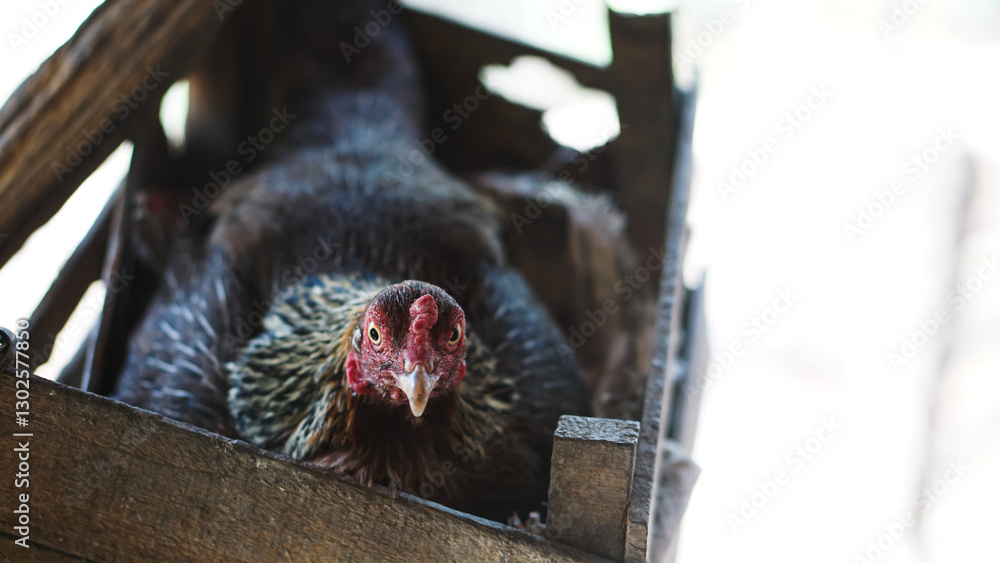 Obraz premium The hen is incubating eggs in its nest. Broody Hen Laying an Egg