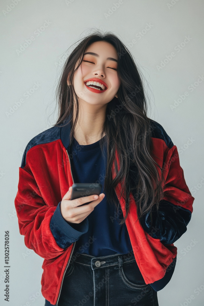Naklejka premium Young beautiful woman wearing jacket and holding smartphone on white background