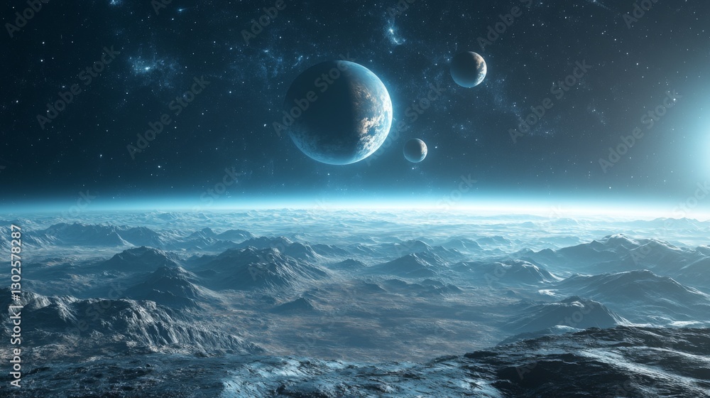 Alien world view. Surface of a rocky planet with planets in the sky. Space landscape. Cosmic scene with moons. Distant universe horizon. Alien world view. Surface of a rocky planet with planets in the sky. Space landscape. Cosmic scene with moons. Distant universe horizon.