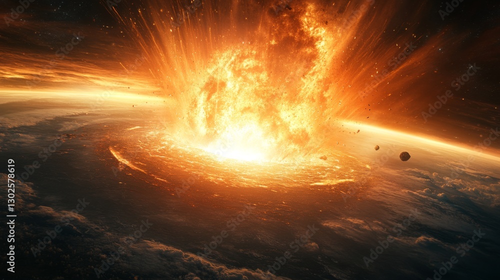 Planet explosion. Big fire on earth. Asteroids flying. Space scene with light and clouds. Planet destruction. Impact event with bright explosion. Planet explosion. Big fire on earth. Asteroids flying. Space scene with light and clouds. Planet destruction. Impact event with bright explosion.