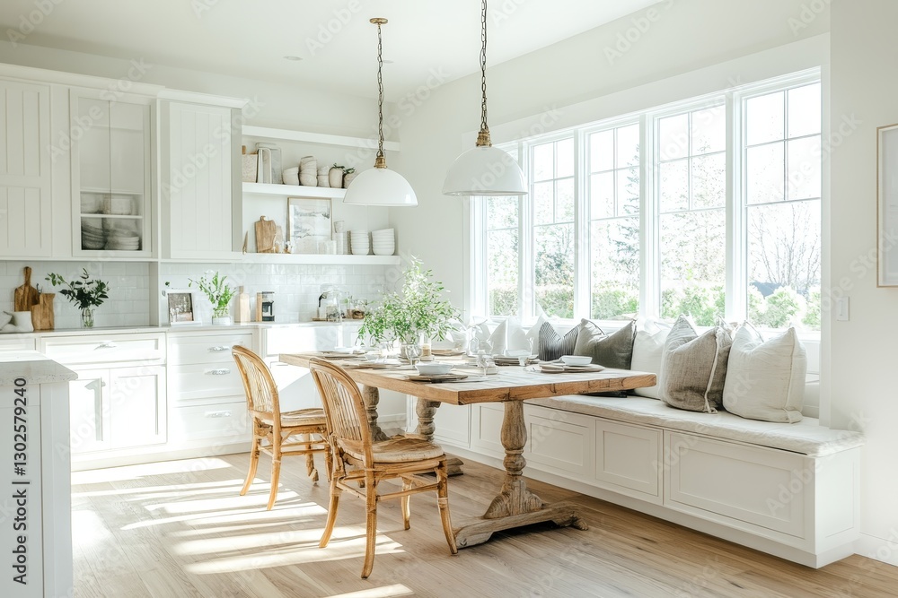 Fototapeta premium Airy white kitchen with rustic dining table, window seat, and pendant lights