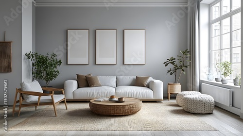 Wallpaper Mural 3D Scandinavian-style living space with soft gray and white tones, simple furniture, and warm lighting Torontodigital.ca