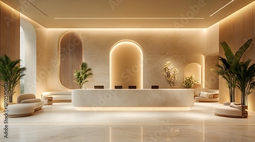 3D luxury hotel lobby with a minimalist reception desk, straight lines, and soft neutral lighting