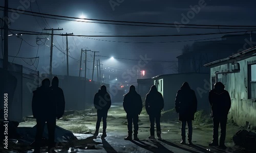 Nighttime urban alleyway, hooded figures, dimly lit street, ominous atmosphere, crime thriller scene