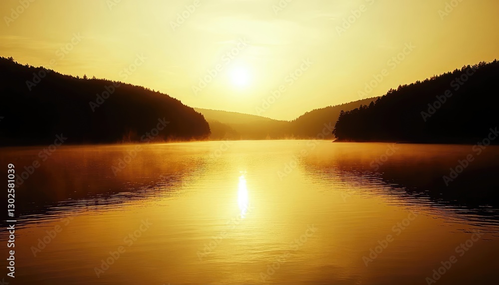 Obraz premium Serene Sunrise Over Calm Lake Surrounded by Lush Forested Hills