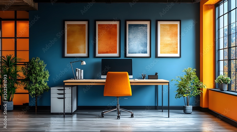 Fototapeta premium 3D spacious home office with a clean desk, ergonomic chair, and natural lighting