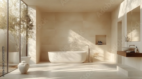 3D minimalist bathroom with smooth surfaces, neutral tiles, and only necessary accessories