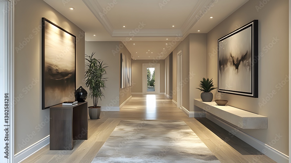 3D modern entryway with a streamlined console table, clean lines, and open space 3D modern entryway with a streamlined console table, clean lines, and open space