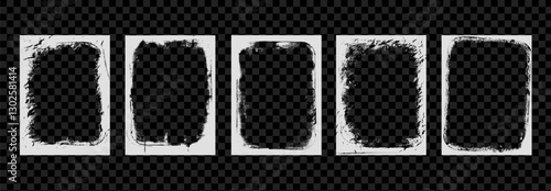 Photo grunge frames set template. Ink paint edges punk border for poster and banner. Retro textured overlays. Rectangular old white backgrounds. Vector design illustration.