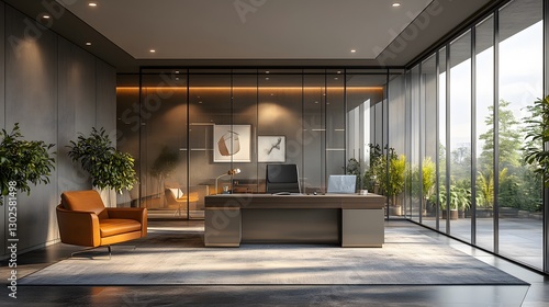 Wallpaper Mural 3D boutique office space with a decluttered desk, glass partitions, and sleek furniture Torontodigital.ca