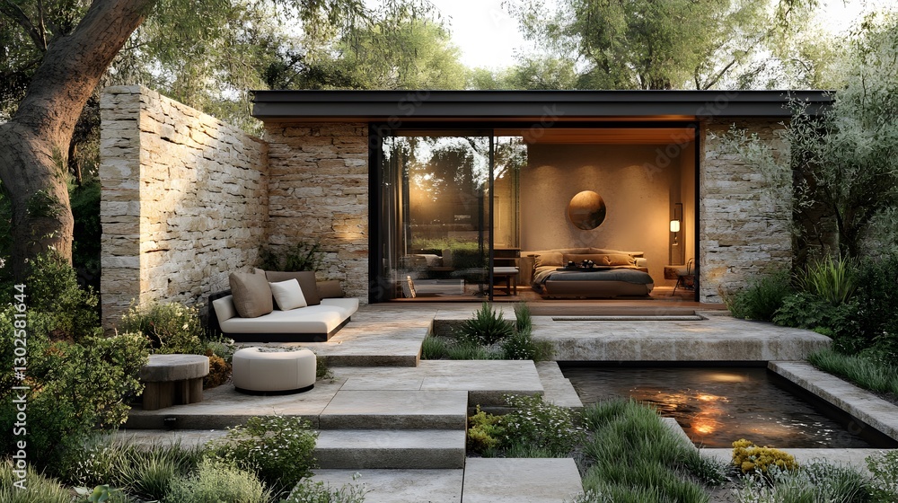Obraz premium 3D contemporary patio with simple outdoor seating, natural textures, and open views