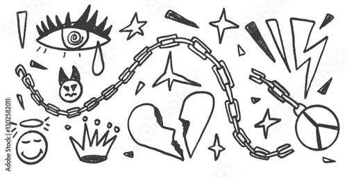 Rock charcoal drawn set. Punk breaking heart doodle background. Scribble grunge poster elements. Heart, crown and chain sketch graffiti art. Angel and devil. Vector pencil isolated illustration.