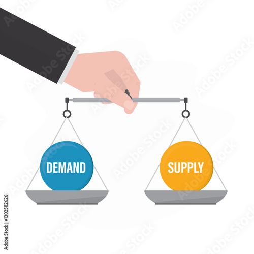 Demand and Supply balance on the scale. Business Concept. Businessman hand balancing demand and supply on scale symbolizing global economic equilibrium