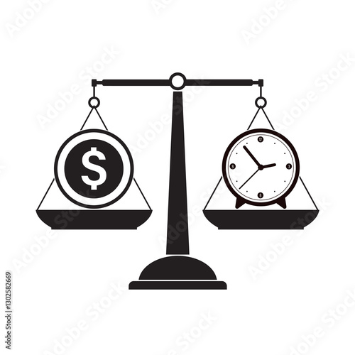 Black icon, value money comparison and time. Money and time balance on measure scale. Compare weight of clock and money for success business. Time management.