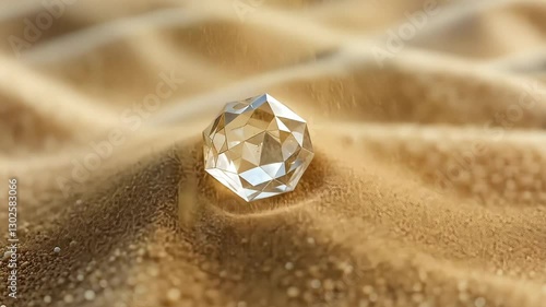 Sparkling diamond resting on golden sand in a vast desert landscape, reflecting sunlight with intricate facets, symbolizing luxury, rarity, and timeless beauty