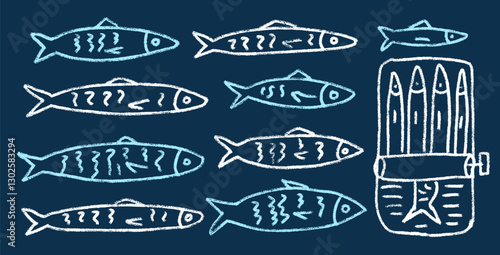 Sardines line doodle set. Canned fish hand drawn scribble. tinned fishes. Open sardine tin. Vector conserve eat illustration by pencil isolated on dark blue background. Crayon or chalk naive seafood.
