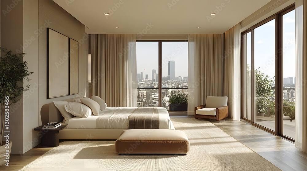 3D stylish bedroom featuring a neutral color palette with subtle textured accents and sleek furniture 3D stylish bedroom featuring a neutral color palette with subtle textured accents and sleek furniture