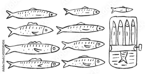 Sardines line doodle set. Canned fish hand drawn scribble. tinned fishes. Open sardine tin. Vector conserve eat illustration by pencil isolated on white background. Crayon or chalk naive seafood.