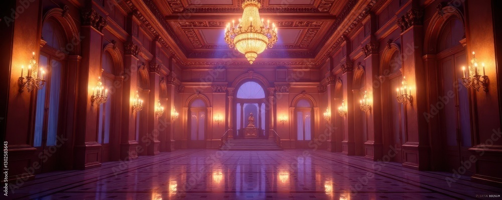 Grand hall with chandeliers sparkling in the night, glow,, crystal Grand hall with chandeliers sparkling in the night, glow,, crystal