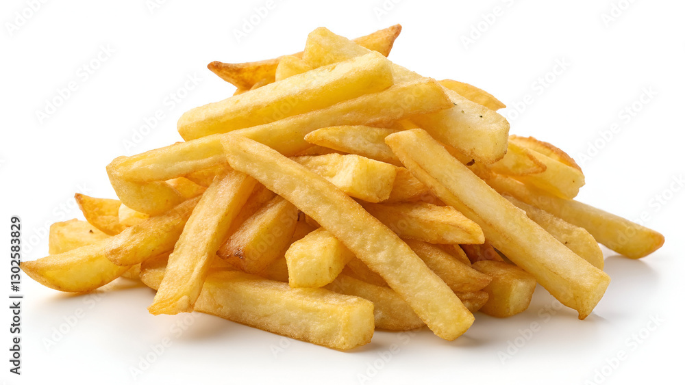 A pile of crispy golden potato fries, isolated on a clean white background, perfect for fast food branding and stock photography. A pile of crispy golden potato fries, isolated on a clean white background, perfect for fast food branding and stock photography.