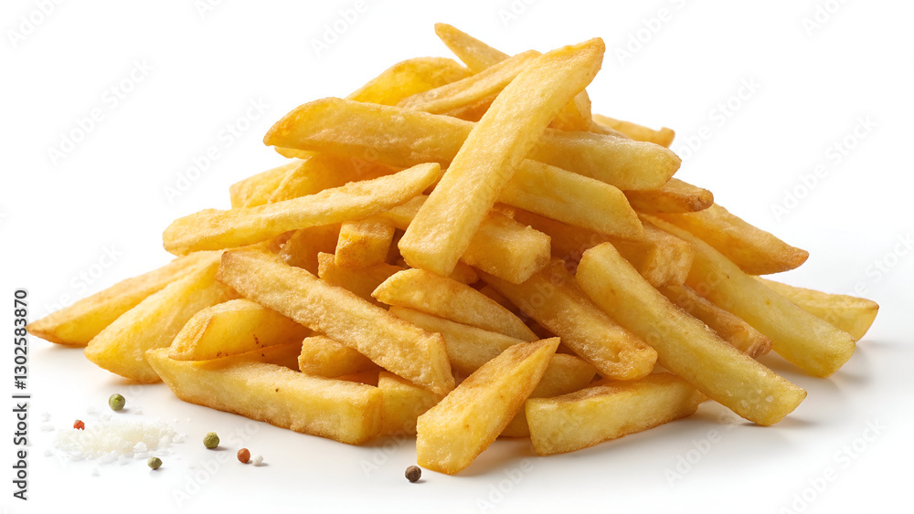 A pile of crispy golden potato fries, isolated on a clean white background, perfect for fast food branding and stock photography. A pile of crispy golden potato fries, isolated on a clean white background, perfect for fast food branding and stock photography.