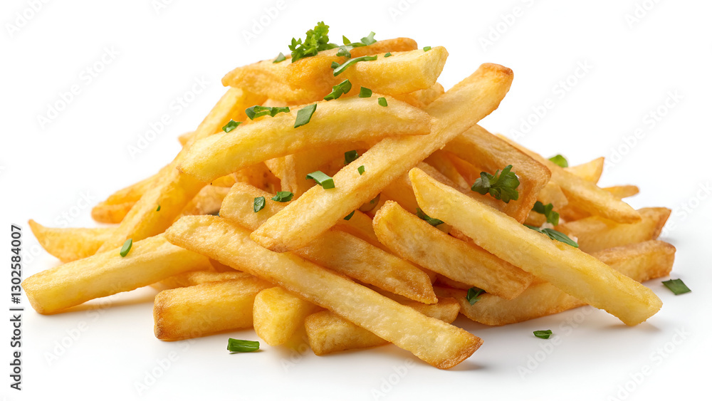 A pile of crispy golden potato fries, isolated on a clean white background, perfect for fast food branding and stock photography. A pile of crispy golden potato fries, isolated on a clean white background, perfect for fast food branding and stock photography.