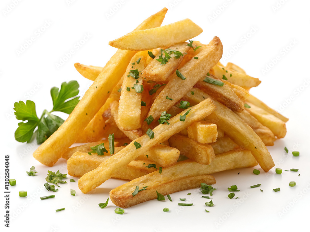 A pile of crispy golden potato fries, isolated on a clean white background, perfect for fast food branding and stock photography. A pile of crispy golden potato fries, isolated on a clean white background, perfect for fast food branding and stock photography.