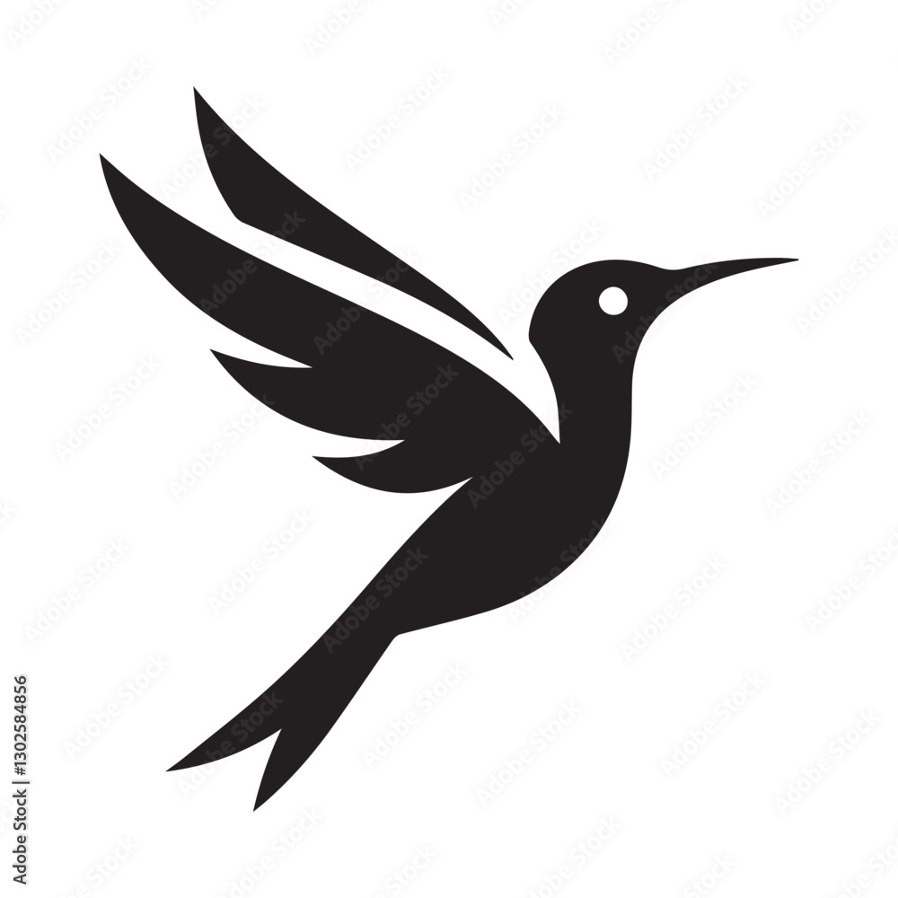 Obraz premium Abstract black and white bird illustration with a silhouette of a hummingbird, crow, and sparrow in flight, featuring wings, beak, and feathers in a simple, cute, and artistic design