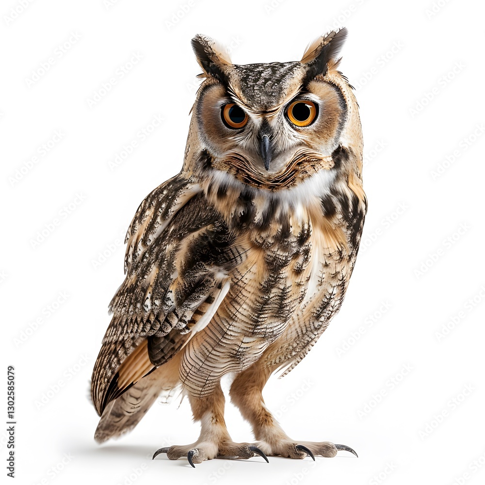 Obraz premium Majestic Owl with Striking Features and Vibrant Eyes on White Background