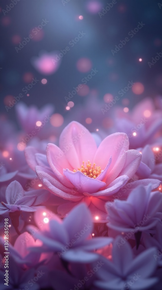 Fototapeta premium Ethereal Cosmic Garden: Surreal Pink and Lavender Orbs Floating Amidst Twilight Blues and Muted Lilac, with Iridescent Dust and Soft Pearlescent Light, Set Against a Field of Distant Stars.