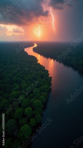 Wallpaper Mural Aerial Twilight View of Brazilian Rainforest River Mouth with Amazon River Confluence, Dark Serpentine Currents, Lush Green Canopy, Golden-Orange Sky Reflections, Thunderstorm Approach, Lightning Torontodigital.ca
