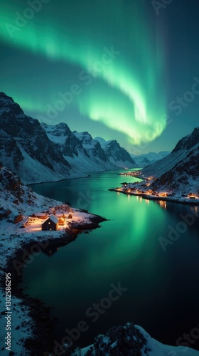 Awe-Inspiring Aerial Nightscape of the Lofoten Islands, Norway: Ghostly Northern Lights Illuminating a Serene Fjord with Snow-Capped Peaks and Glowing Villages.