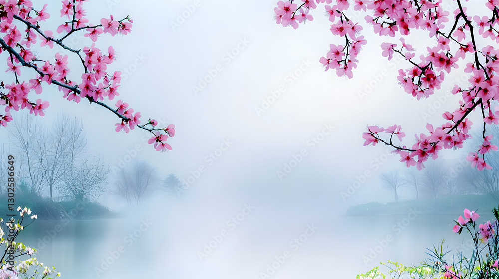 Pink Cherry Blossoms Framing Misty Lake at Sunrise Pink Cherry Blossoms Framing Misty Lake at Sunrise