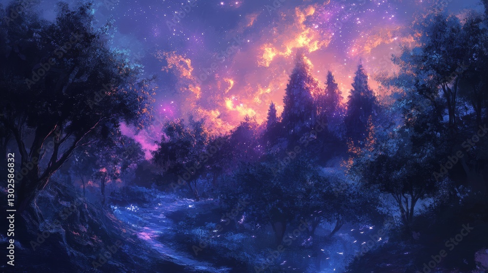 Naklejka premium Enchanted Forest Under a Starlit Sky