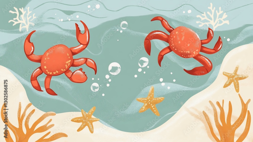 Obraz premium Two red crabs with coral and starfishes under the sea water in a cartoon style illustration