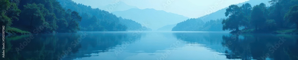Calm and serene blue water with forest trees reflected, blue, peaceful Calm and serene blue water with forest trees reflected, blue, peaceful