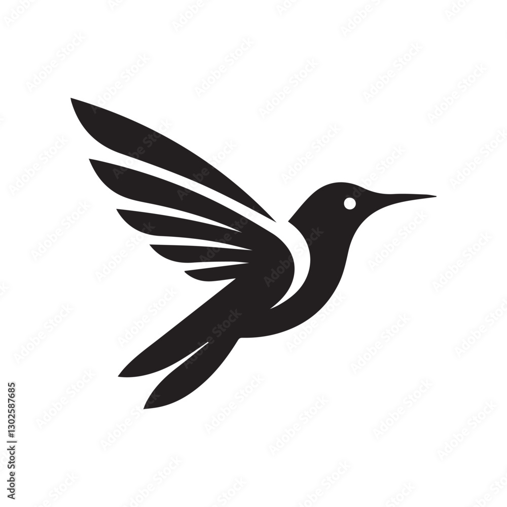 Obraz premium Abstract black and white bird illustration with a silhouette of a hummingbird, crow, and sparrow in flight, featuring wings, beak, and feathers in a simple, cute, and artistic design