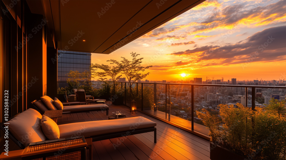 Fototapeta premium 日本の高級ホテルのテラスで夕日を眺める贅沢なひととき