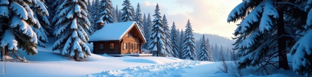 Snow-covered pine trees surrounding the cabin, forest, trees Snow-covered pine trees surrounding the cabin, forest, trees